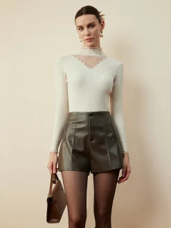 Mock Neck Sheer-Detail Slim Blouse