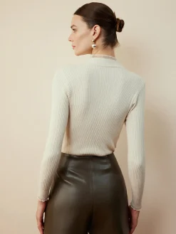 Mock Neck Sheer-Detail Slim Blouse