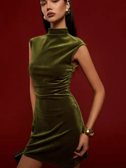 Mock Neck Sleeveless Satin Dress