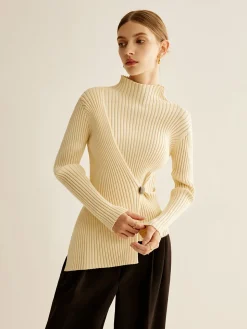 Mock-Neck Ribbed Cinched Sweater