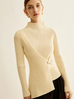 Mock-Neck Ribbed Cinched Sweater