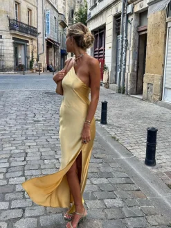 Moonlight Open Back Satin Slit Long Dress
