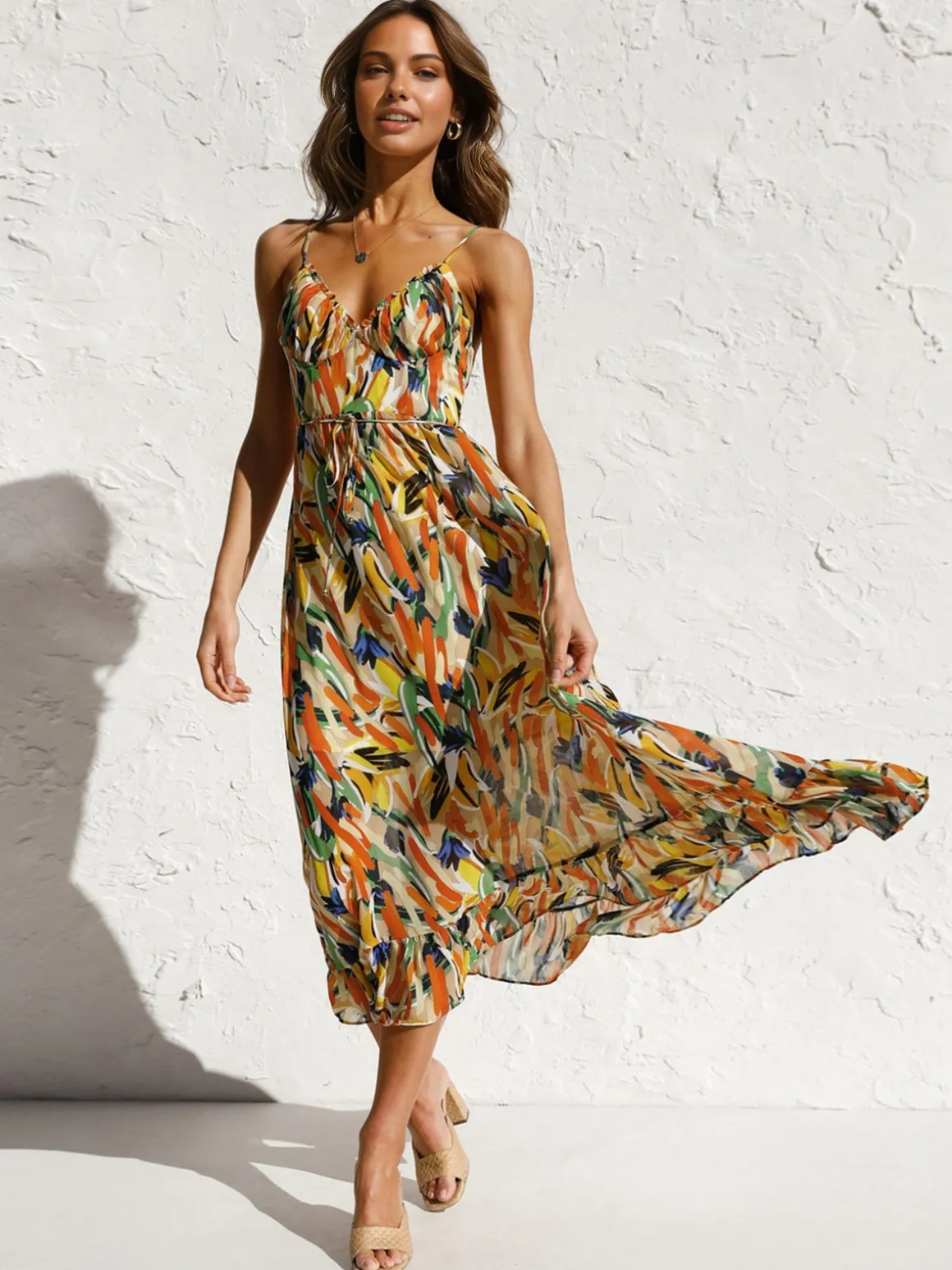 Multi Color Print Cami Midi Dress