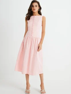 Multi-Button Sleeveless Pleated Midi Dress