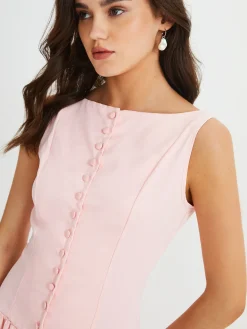 Multi-Button Sleeveless Pleated Midi Dress