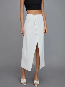 Multi-Button Split Middle Waist Maxi Skirt