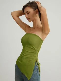 Oblique Drawstring Mesh Cover Up Tube Top