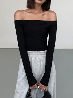 Off Shoulder Crop Long Sleeve Crop Shirt