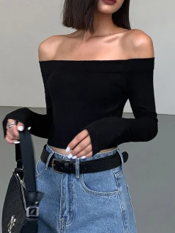 Off Shoulder Crop Long Sleeve Crop Shirt