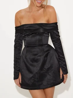 Off Shoulder Long Sleeve Overfold Mini Dress