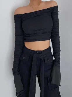 Off Shoulder Mesh Crop Shirt