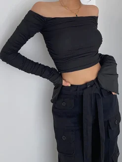 Off Shoulder Mesh Crop Shirt