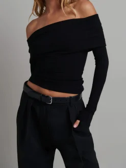 Off Shoulder Overfold Long Sleeve Crop Shirt