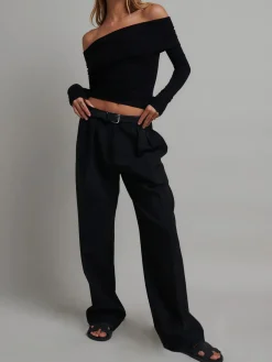 Off Shoulder Overfold Long Sleeve Crop Shirt