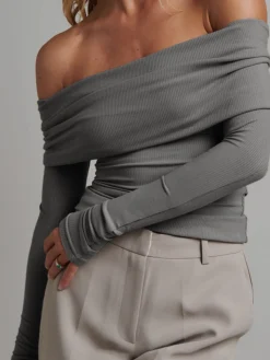 Off Shoulder Overfold Long Sleeve Crop Shirt