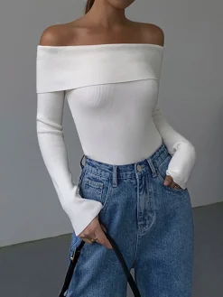 Off Shoulder Overfold Long Sleeve Knit Top
