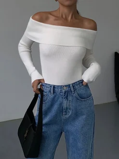 Off Shoulder Overfold Long Sleeve Knit Top