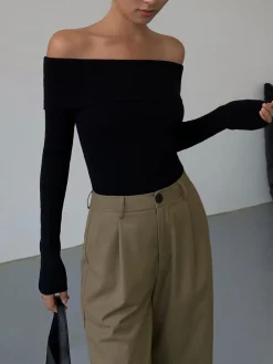 Off Shoulder Overfold Long Sleeve Knit Top