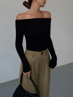 Off Shoulder Overfold Long Sleeve Knit Top