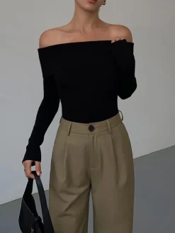 Off Shoulder Overfold Long Sleeve Knit Top