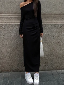 Off Shoulder Ribbed Long Sleeve Knit Long Dress