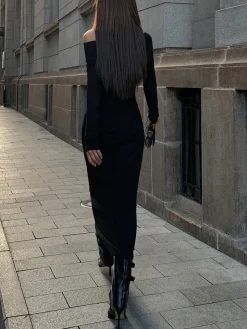 Off Shoulder Ribbed Long Sleeve Knit Long Dress