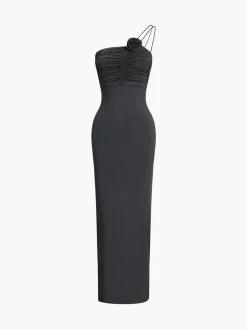 Off Shoulder Rose Decor Ruched Midi Dress