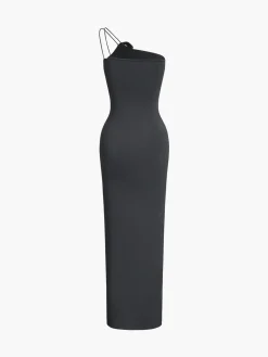 Off Shoulder Rose Decor Ruched Midi Dress