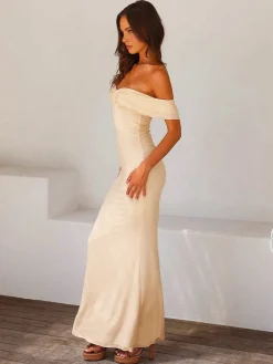 Off Shoulder Ruffle Satin Long Dress