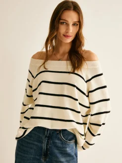 Off Shoulder Striped Pullover Sweater