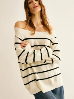 Off Shoulder Striped Pullover Sweater