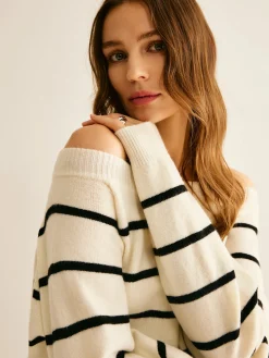 Off Shoulder Striped Pullover Sweater