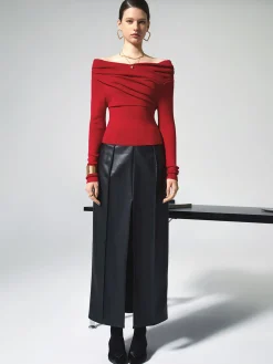 Off Shoulder Wrap Long Sleeve Knit Top