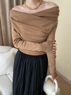 Off Shoulder Wrap Long Sleeve Knit Top