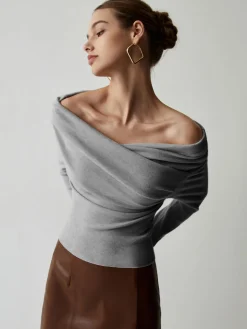 Off Shoulder Wrap Long Sleeve Knit Top