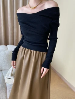 Off Shoulder Wrap Long Sleeve Knit Top