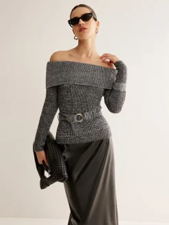 Off-Shoulder Belted Sweater