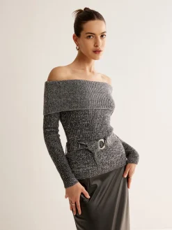 Off-Shoulder Belted Sweater