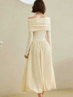 Off-Shoulder Bud Waist Pleated Knit Dress