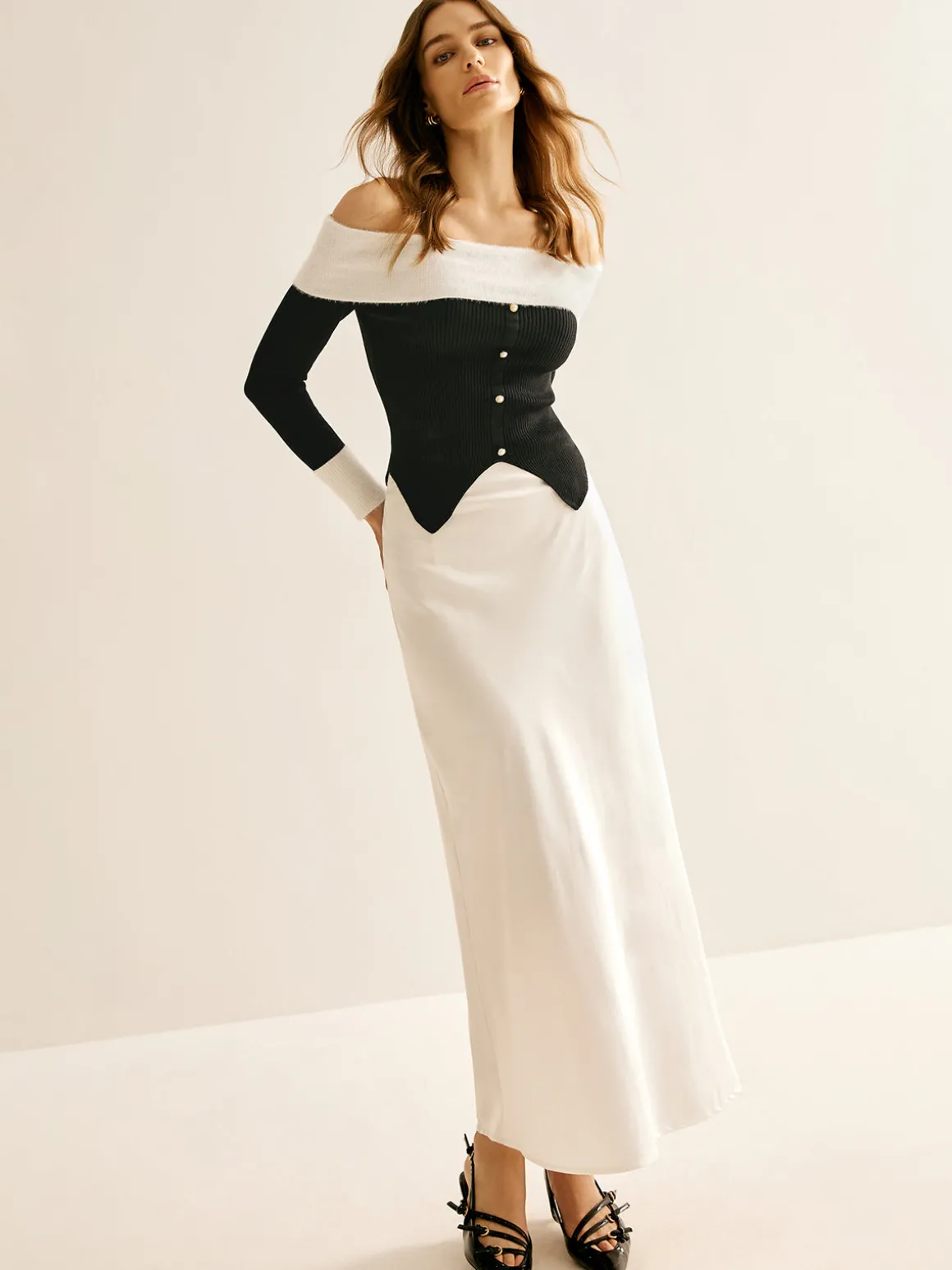 Off-Shoulder Color Block Knit Top
