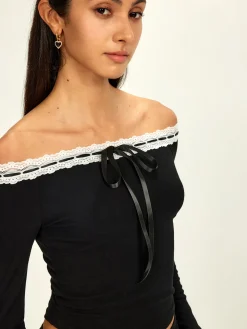 Off-Shoulder Lace Trim Blouse