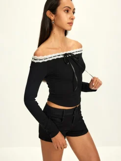 Off-Shoulder Lace Trim Blouse