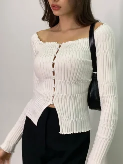 Off-Shoulder Lettuce Trim Cardigan