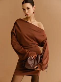 Off-Shoulder Pleated Jersey Short Dress