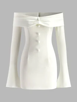 Off-Shoulder Pleated Piping Short Dress