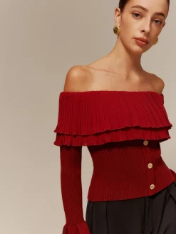 Off-Shoulder Pleated Ruffle Slim Sweater