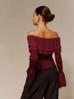 Off-Shoulder Pleated Ruffle Slim Sweater