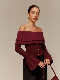 Off-Shoulder Pleated Ruffle Slim Sweater