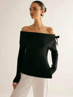 Off-Shoulder Ribbed Bow Slit Sweater