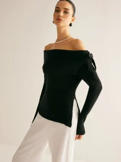 Off-Shoulder Ribbed Bow Slit Sweater